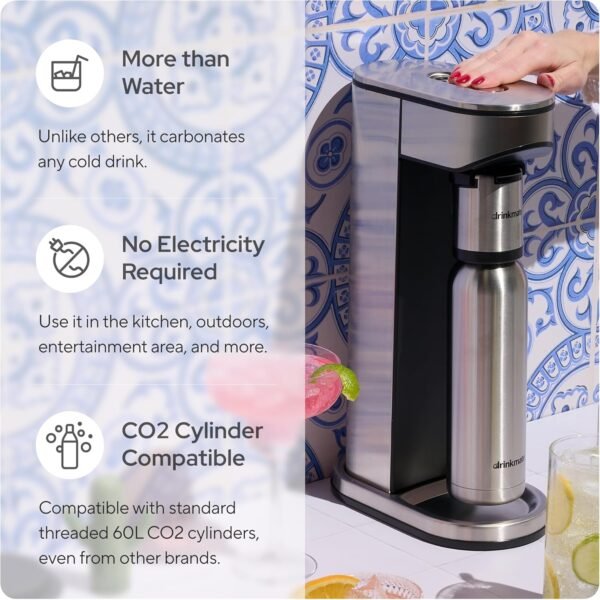 81gQgH7t6jL._AC_SL1500_-1 Drinkmate LUX Stainless Steel Sparkling Beverage Maker - Sparkling Water/Soda Streaming Machine That Carbonates Any Drink - Includes 2 CO2 Cylinders, 1 Carbonation Bottle, 1 Fizz Infuser